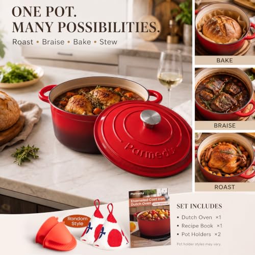 5.5QT Enameled Cast Iron Dutch Oven for Sourdough Bread Red (Cherry Red / 5.5QT)
