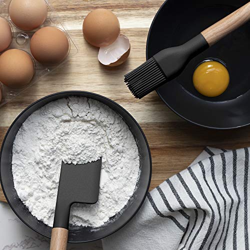 Non Stick Silicone Utensil Set with Rounded Wood Handles for Cooking and Baking (6 Piece Set / Black)