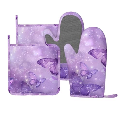 Oven Mitts Pot Holders Set Butterfly Purple Pastel Silicone Kitchen Gloves Potholders Heat Resistant for Chef Baking Cooking Grilling BBQ 4 Pack Mitt (B1111)