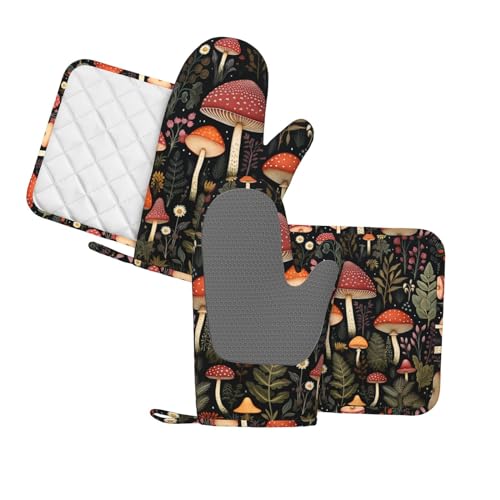 Oven Mitts and Pot Holders Mushroom Botanical Leaf Vintage Silicone Kitchen Accessories Set of 4 Heat Resistant Long Gloves Potholder Non (A0632)