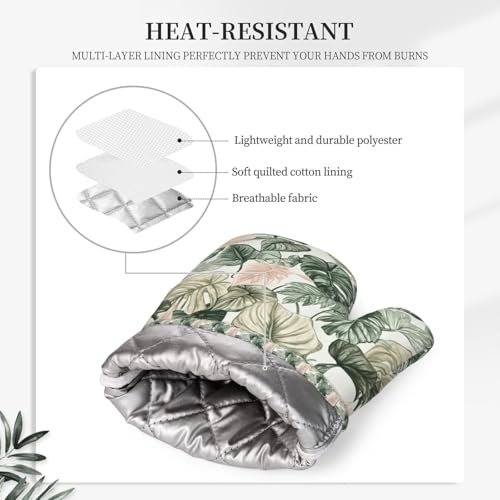 Oven Mitts Pot Holders Set Tropical Leaf Pattern Silicone Kitchen Gloves Potholders Heat Resistant for Chef Baking Cooking Grilling BBQ 4 Pack Mitt (B0119)