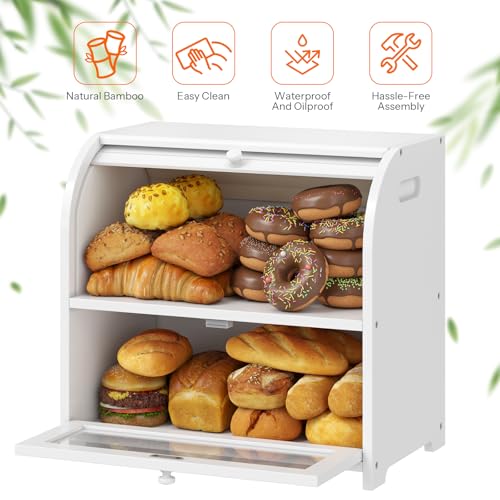 Bread Box Bamboo Bread Box for Kitchen Countertop (White)