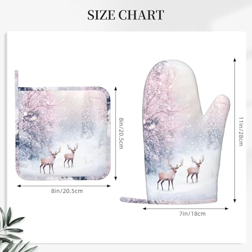 Oven Mitts Pot Holders Set Winter Deer Forest Christmas Silicone Kitchen Gloves Potholders Heat Resistant for Chef Baking Cooking Grilling BBQ 4 Pack Mitt (C03)