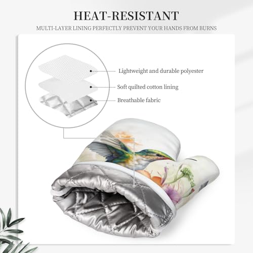 Oven Mitts and Pot Holders Watercolor Hummingbird Flower Silicone Kitchen Accessories Set of 4 Heat Resistant Long Gloves Potholder Non (B02)