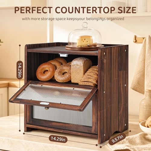 Wooden Bread Box with Acrylic Window for Kitchen Countertop (2 Layer)