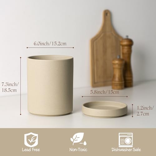 2-in-1 Ceramic Utensil Holder Set for Countertop, Cooking Utensil Crocks for Kitchen Counter, Large Modern Organizer for Spatulas & Spoons, Kitchen Decor, Pottery Clay