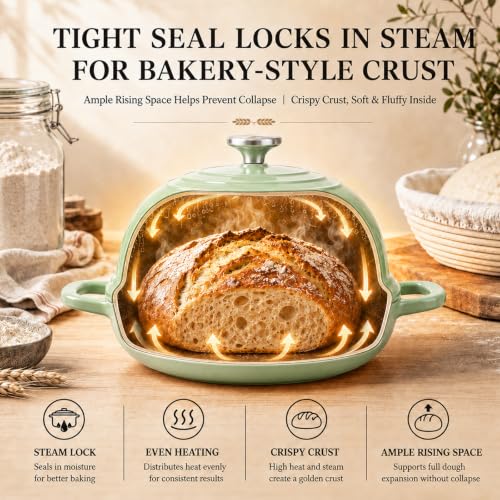 5QT Enameled Cast Iron Dutch Oven for Sourdough Bread Baking (Green)