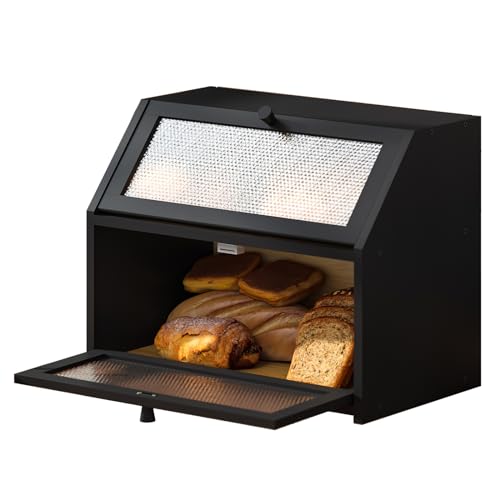 Bread Box for Kitchen Countertop Bin Double Layer Bread Box Storage Container Extra Large Capacity Farmhouse with Diamond Pattern Windows (Black / Large)