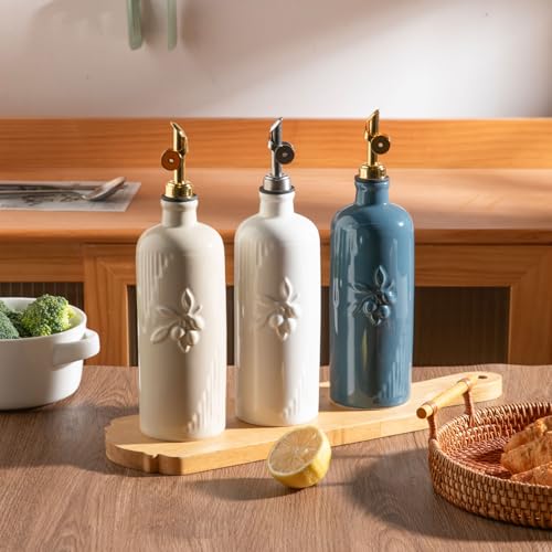 Sweejar Ceramic Olive Oil Dispenser Bottle for Kitchen Counter (Beige / 20 oz (Silver Spout))
