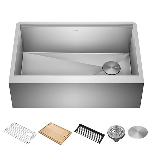 Kore 30 Inch Farmhouse Workstation with In Sink Dish Drying Rack (30 Inch / Flat Farmhouse / Stainless Steel)