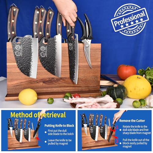 Extra Large Magnetic Knife Block Acacia Wood Knife Set Holder Stand With Stronge Magnetic Strip Kitchen Knives Storage Rack Organizer Tools No Drilling (dark wood color / 15.5*8.7 inch without board)