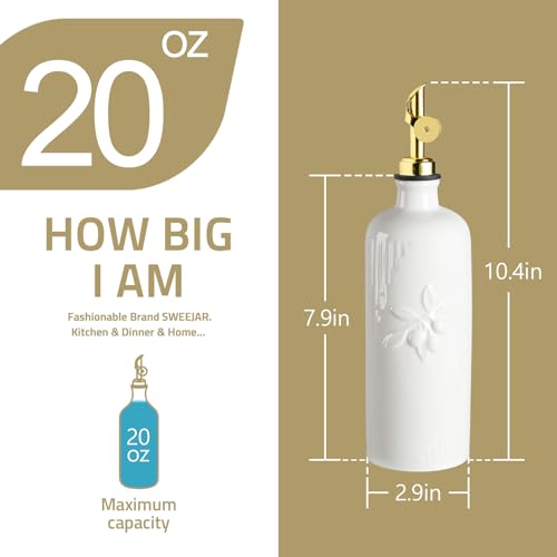 Sweejar Ceramic Olive Oil Dispenser Bottle for Kitchen Counter (Beige / 20 oz (Silver Spout))