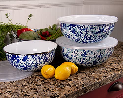 Enamelware Nested Mixing Bowls with Lids (Set of 3 - 3, 3.5 & 4.5 quarts / Ocean)