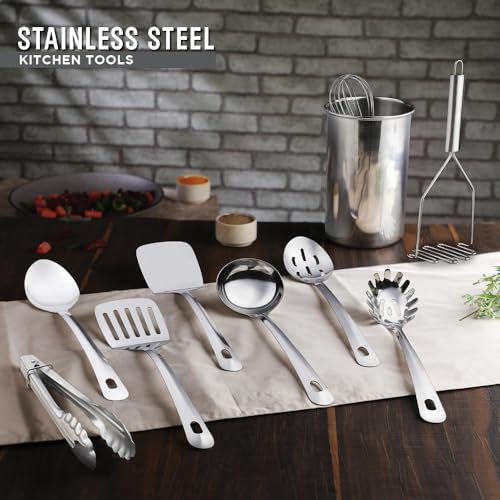 Premium Set of 10 Stainless Steel Kitchen Tool Set with Holder Easy To Clean
