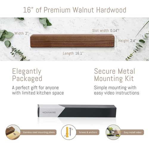 Walnut 16 inch Magnetic Knife Holder for Wall with 2x Storage & Charming Wood (Walnut Wood / 16" w/ Wall Mount)