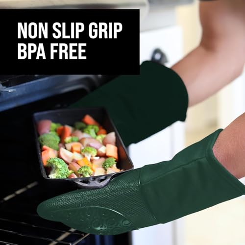 BPA Free Silicone Oven Mitts Ultra Heat Resistant up to 500°F (Green / 2-Piece 13.7" Oven Mitts)