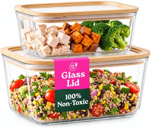 Glass Food Storage Containers with Glass Lids & Bamboo Rim