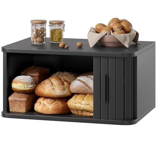 Roll Top Bread Box for Kitchen Countertop (Black / Medium)