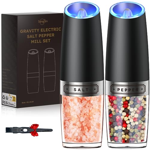 Gravity Electric Salt and Pepper Grinder Set Battery Powered Refillable One Hand Operation