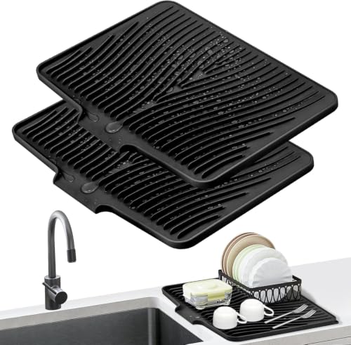 Silicone Dish Drying Mat for Kitchen counter (Black-2pcs / 1'1" x 1'4" (Rectangular))