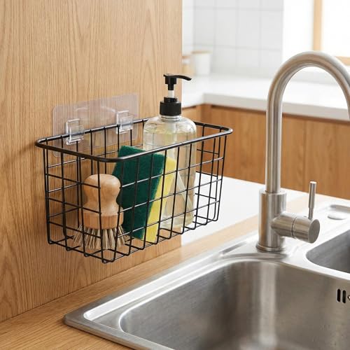 Adhesive Sturdy Small Wire Storage Baskets with Kitchen Food Pantry Bathroom Shelf Storage No Drilling Wall Mounted