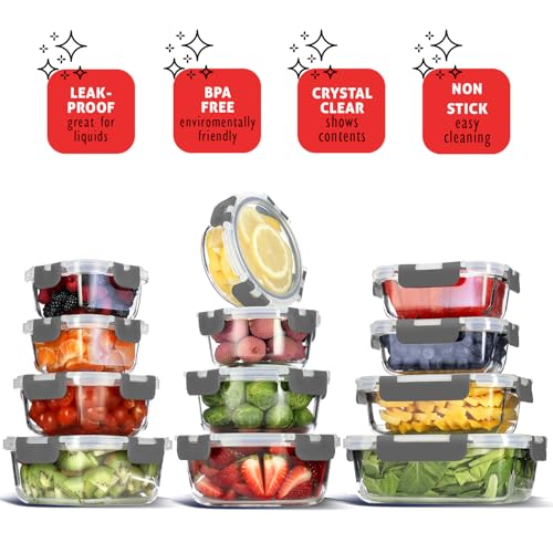 48pc Glass Storage Containers with Lids (Gray / 24 Pack)
