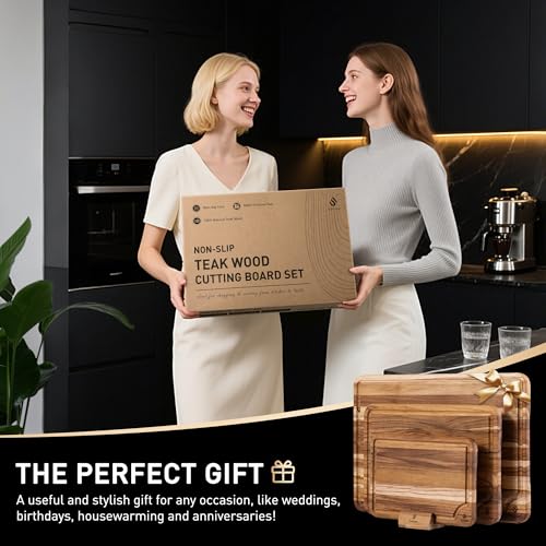 3 Pack Teak Cutting Boards for Kitchen Wood Wooden Cutting Boards Non Toxic (Multi-Size Set | 3 Pack with Holder)