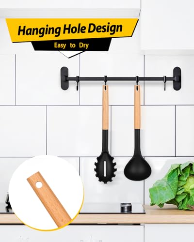 Silicone Soup Ladle and Pasta Spoon Set with Wooden Handle