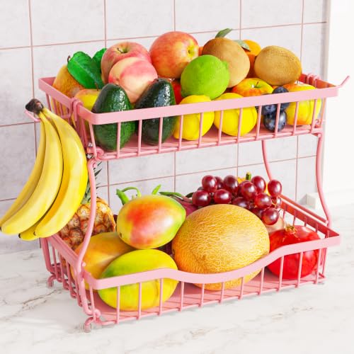 Large 2 Tier Fruit Basket for Kitchen Counter with 2 Banana Hangers