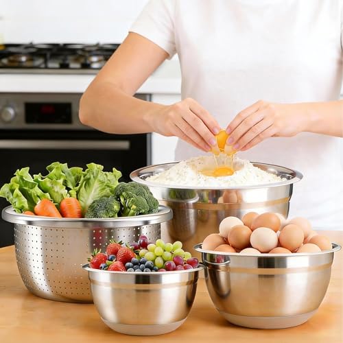 Stainless Steel Mixing Bowls Set with Lids & Silicone Base (Khaki)
