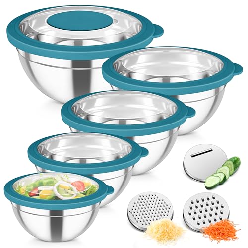Stainless Steel Mixing Bowls with Transparent Lids & Graters Set