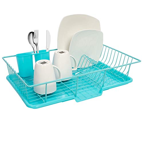Dish Rack Drainer with Drying Board and Utensil Holder (Turquoise)