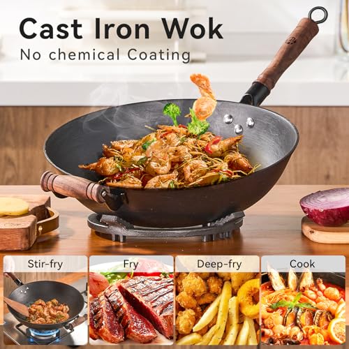 Cast Iron Wok Pan Stir Fry Pan Flat Bottom Wok with Lid and Wood Handle