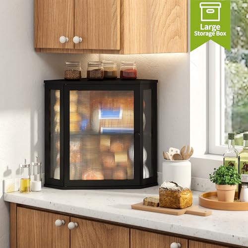 Corner Bread Box for Kitchen Countertop Double Layer Bamboo Wooden Bread box Large Capacity Bread Storage Bin (Black / Extra Large)