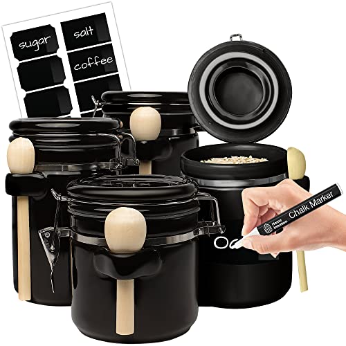 4 Piece Ceramic Kitchen Canisters Set Airtight Containers with Wooden Spoons For Sugar