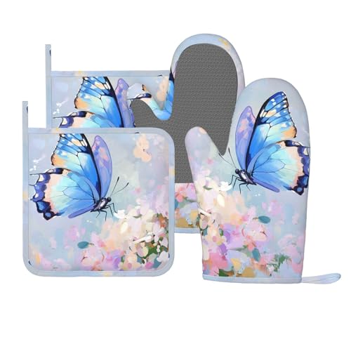 Oven Mitts Pot Holders Set Butterfly Flower Oil Painting Silicone Kitchen Gloves Potholders Heat Resistant for Chef Baking Cooking Grilling BBQ 4 Pack Mitt (C011)