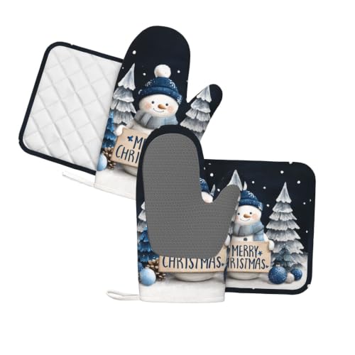 Oven Mitts and Pot Holders Set Snowman Christmas Black Silicone Kitchen Accessories 4 Piece Heat Resistant Long Gloves Potholder Non (C02)