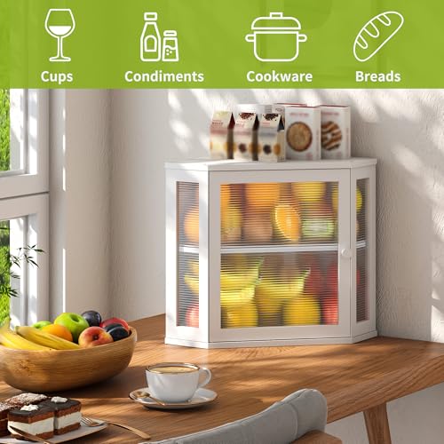 Corner Bread Box for Kitchen Countertop Double Layer Bamboo Wooden Bread box Large Capacity Bread Storage Bin (White / Medium)