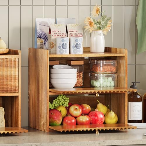 Rustic Bread Box for Kitchen Countertop Bamboo Bread Storage Container Bin Double Layer BreadBox Farmhouse Large Capacity Food Organizer