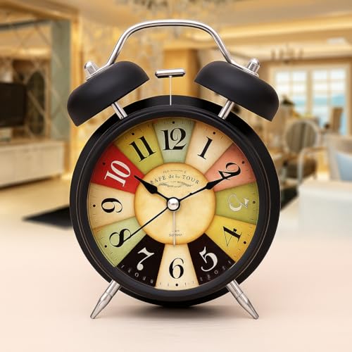 Vintage Twin Bell Alarm Clock with 1 Year Warranty (Black Rainbow Clock)