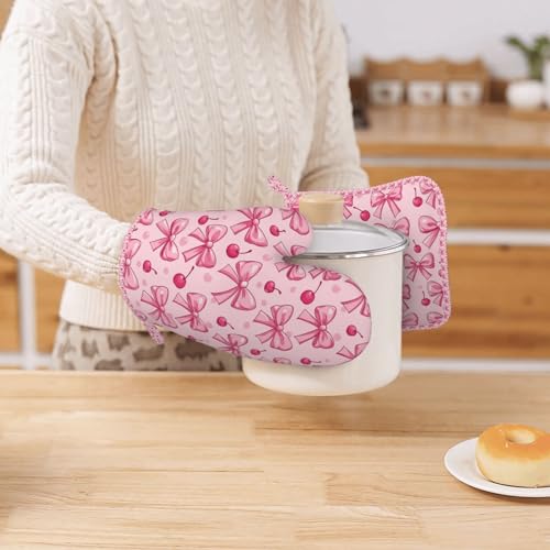 Oven Mitts Pot Holders Set Pink Bows Cherry Silicone Kitchen Gloves Potholders Heat Resistant for Chef Baking Cooking Grilling BBQ 4 Pack Mitt (B018)