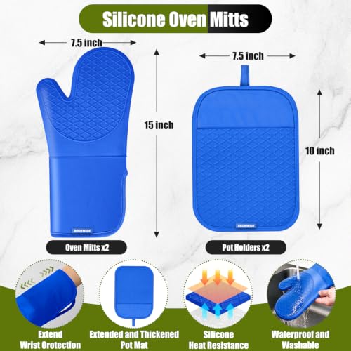 Silicone Oven Mitts and Pot Holders with Kitchen Towels and Dishcloths Sets (Royal Blue)