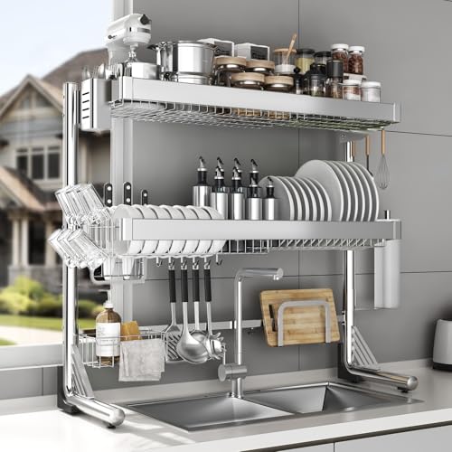 Over The Sink Dish Drainer Drying Rack 3 Tier (Silver / 3 Tier with Flat Grid)