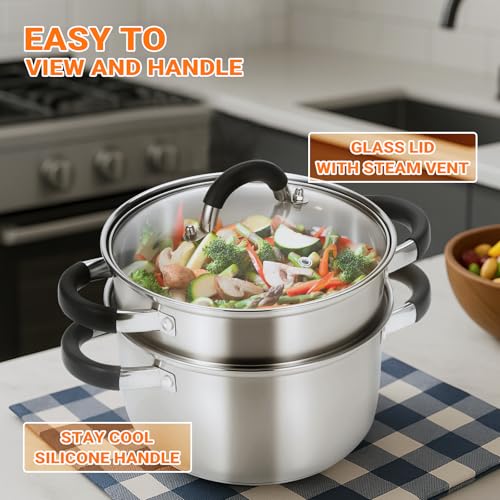 Stainless Steel Steamer for Cooking with Lid & Steamer Basket