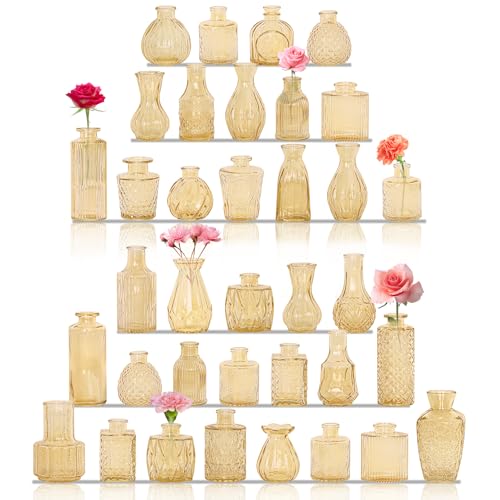 36Pcs Bud Vases Set Small Vintage Glass Bottles Bud Vases in Bulk Multiple Shape Cute Glass Vases for Rustic Wedding Centerpieces Table Decorations and Home Decor