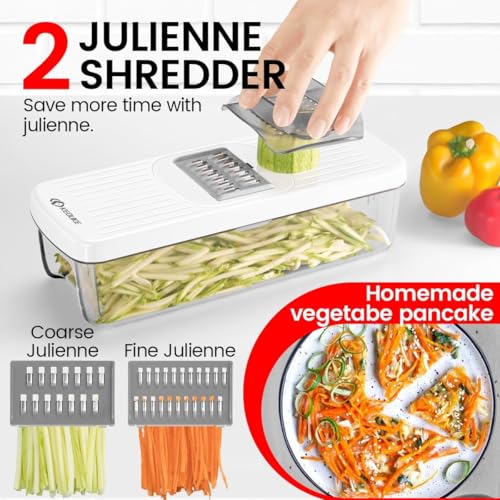 8-in-1 Vertical Vegetable Chopper Mandoline Slicer with Container White - Safe Tap Out Dicer with Hand Guard for Kitchen Easy Food Prep, Onion Potato Veggie Fruit (White)