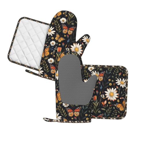 Oven Mitts Pot Holders Set Vintage Butterfly Daisy Leaf Silicone Kitchen Gloves Potholders Heat Resistant for Chef Baking Cooking Grilling BBQ 4 Pack Mitt (D01)