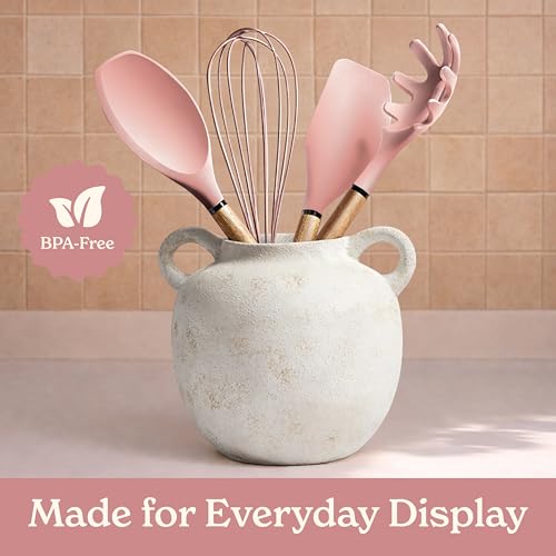 Non Stick Silicone Utensil Set with Rounded Wood Handles for Cooking and Baking (8 Piece Set / Pink)