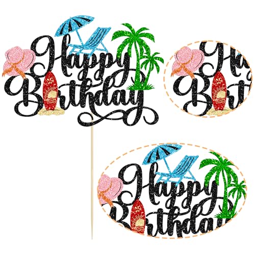 1Pcs Summer Beach Happy Birthday Cake Topper Glitter Ball Tree Umbrella Pool Cake Pick for Hawaiian Holiday Baby Shower Birthday Party Cake Decorations Supplies Blue