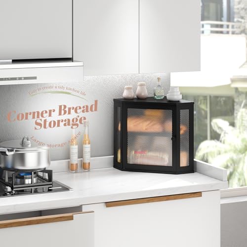 Corner Bread Box Kitchen Countertop Extra Large Capacity Farmhouse Bread Box (Black / 11.8" x 11.8" x 13.8")